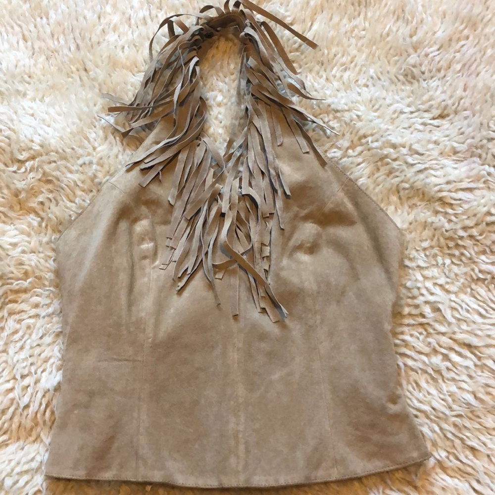 Genuine leather fringe halter top